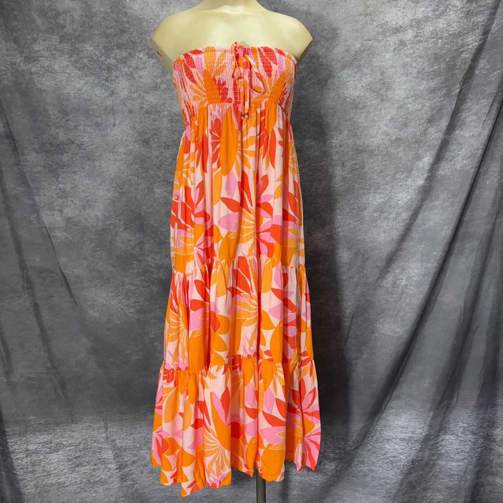 Abel The Label Rumi Strapless Midi Dress Size XS Orange Pink Floral Smocked